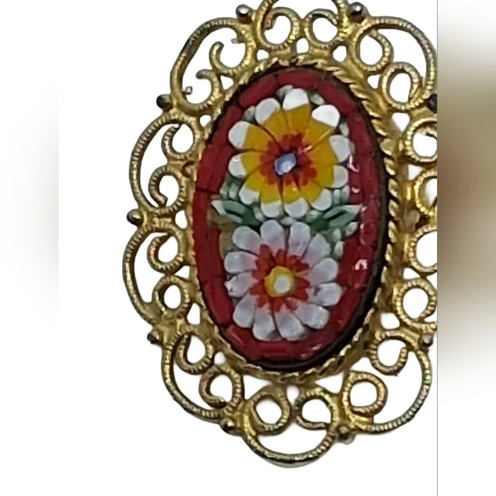 Vintage Italian Micro Mosaic Floral Brooch - Intricate Gold Tone Scroll Frame